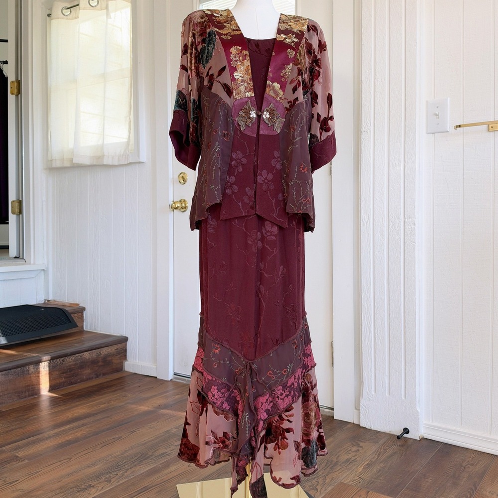Spencer Alexis Women 3 Piece Skirt Set M Burgundy Silk Burnout Velvet Whimsigoth